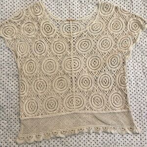 Delicately Beautiful Cream Sheer Crocheted Lace Cottage Peasant Top UEC